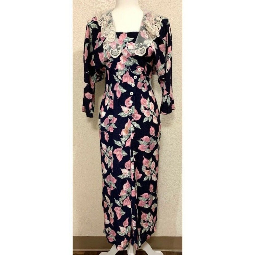 Foxy Lady Vintage 70s/80s Navy Blue Floral Lace Cottage Core Maxi Dress